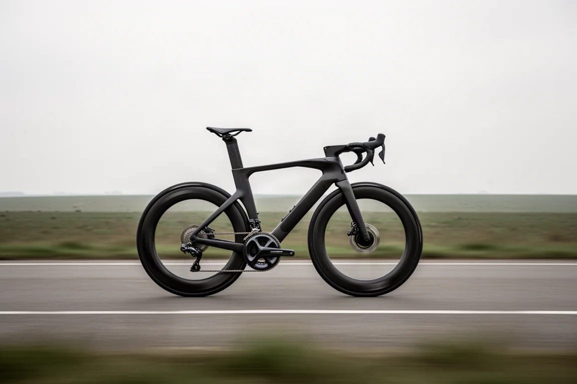 Road bike aero em alta velocidade em uma estrada plana e aberta com fundo desfocado