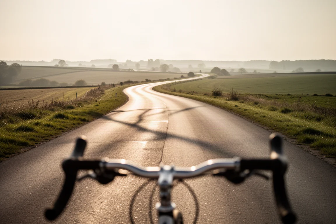Ciclista de carretera rodando por un camino rural con colinas onduladas al fondo