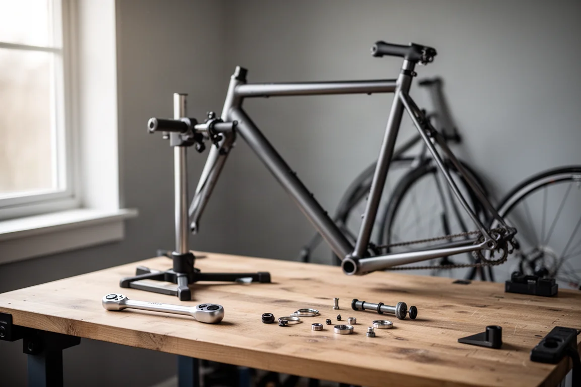 Banco de taller doméstico con una rueda de bicicleta, cámaras y herramientas de mano