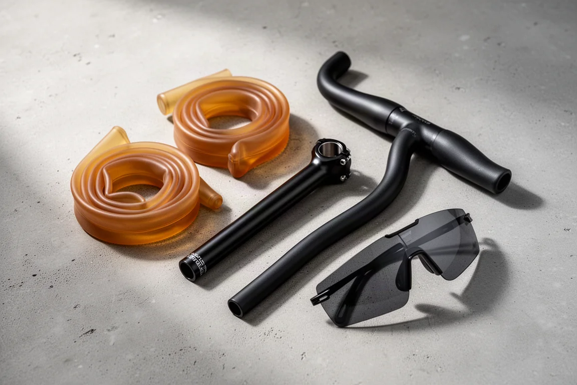 Flat lay of inner tubes, a stem, a handlebar and frameless sunglasses on concrete