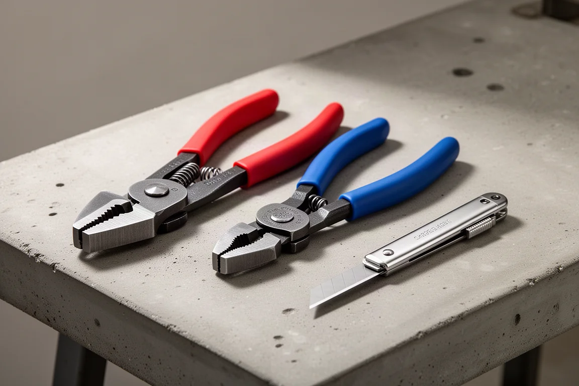 Two pairs of ironworker pliers and a classic utility knife arranged on a concrete workbench