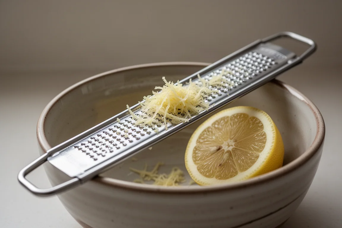 Lemon being zested over a bowl with a fine rasp grater