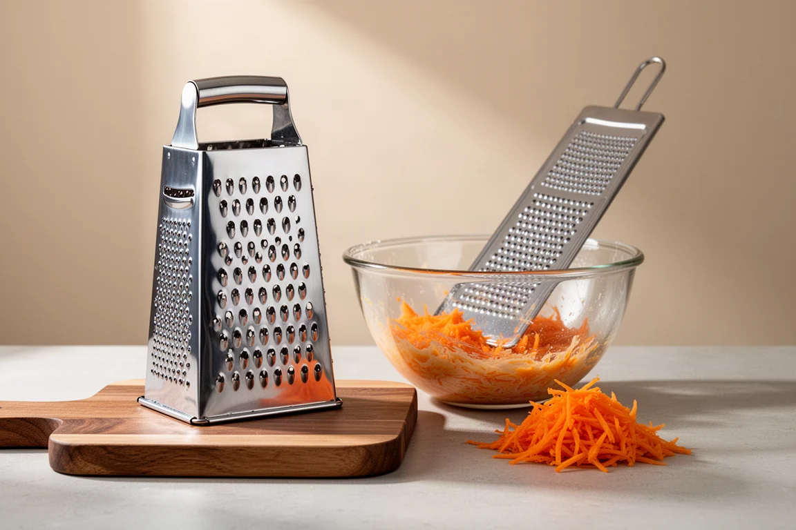 Box grater and paddle grater propped on a wooden cutting board