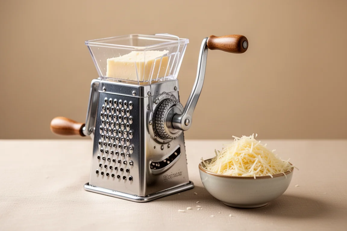 Rotary grater at a dining table with a dish of freshly grated cheese