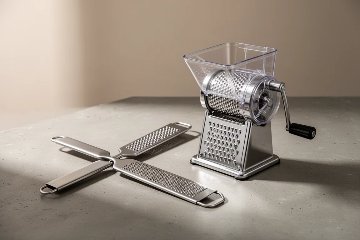 Microplane rasp grater and Xylis rotary grater on a concrete countertop