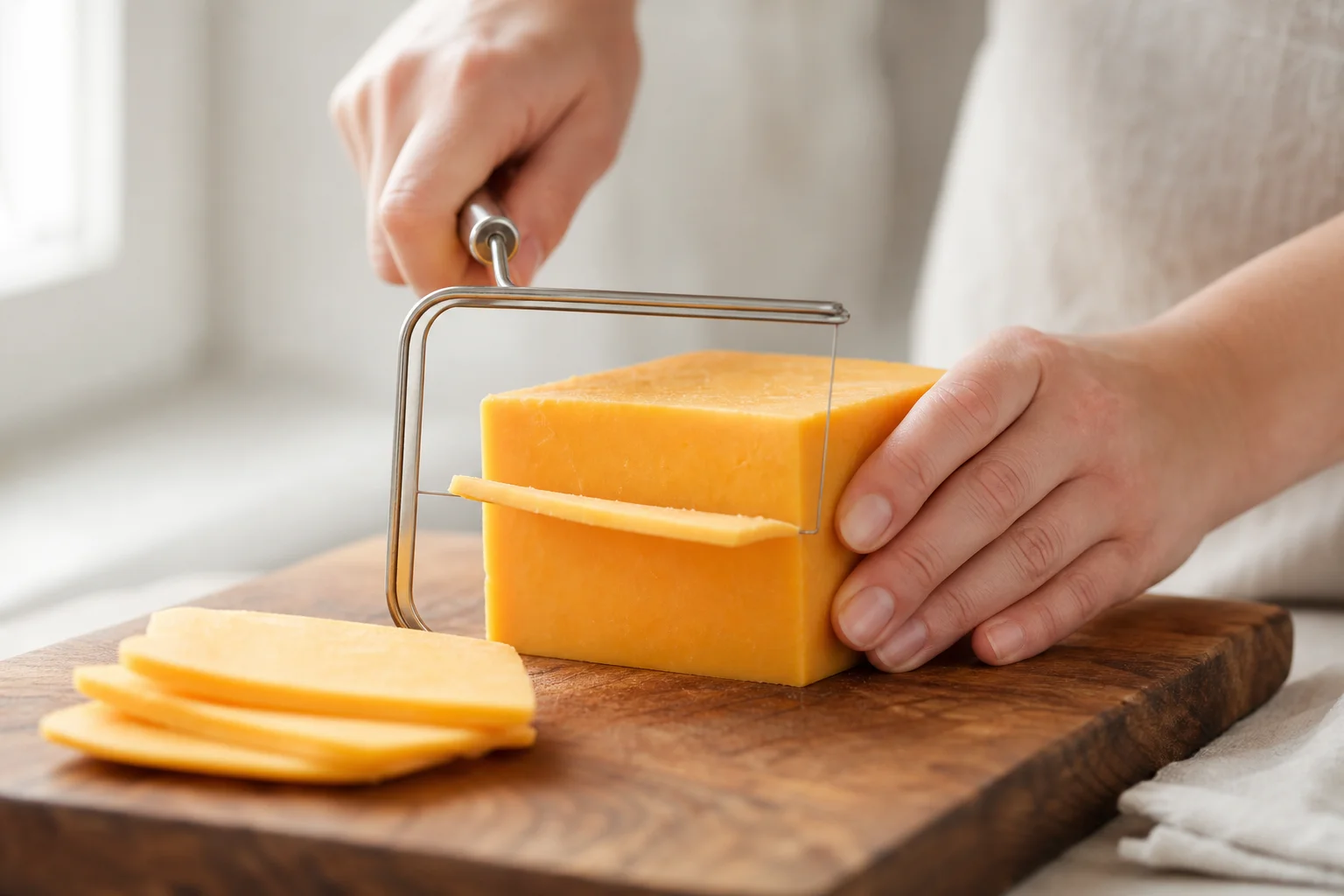 Mani che affettano del cheddar con un affetta formaggio a filo su un tagliere