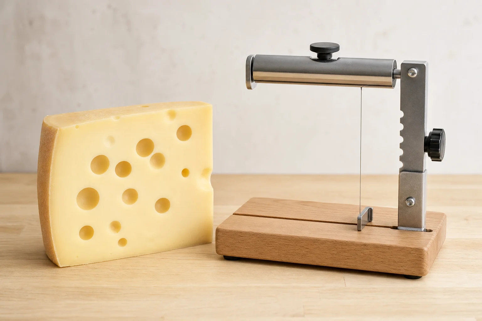 Un blocco di formaggio Gruyère accanto a un affetta formaggio a filo regolabile sul bancone