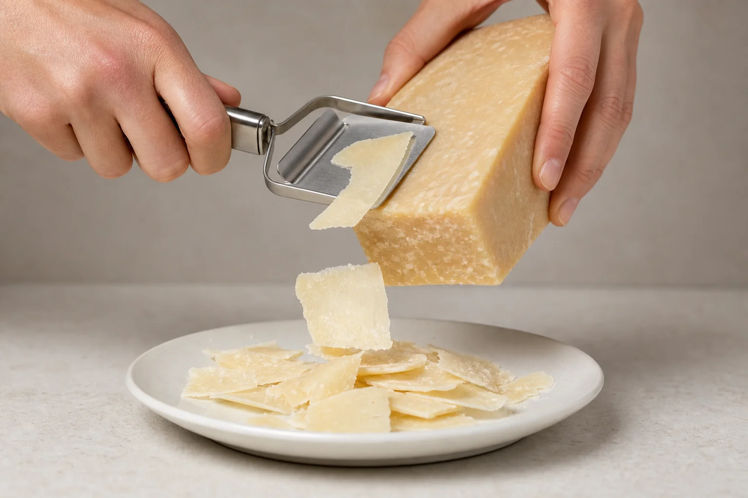 Formaggio a pasta dura affettato con un utensile in acciaio inossidabile su un piatto