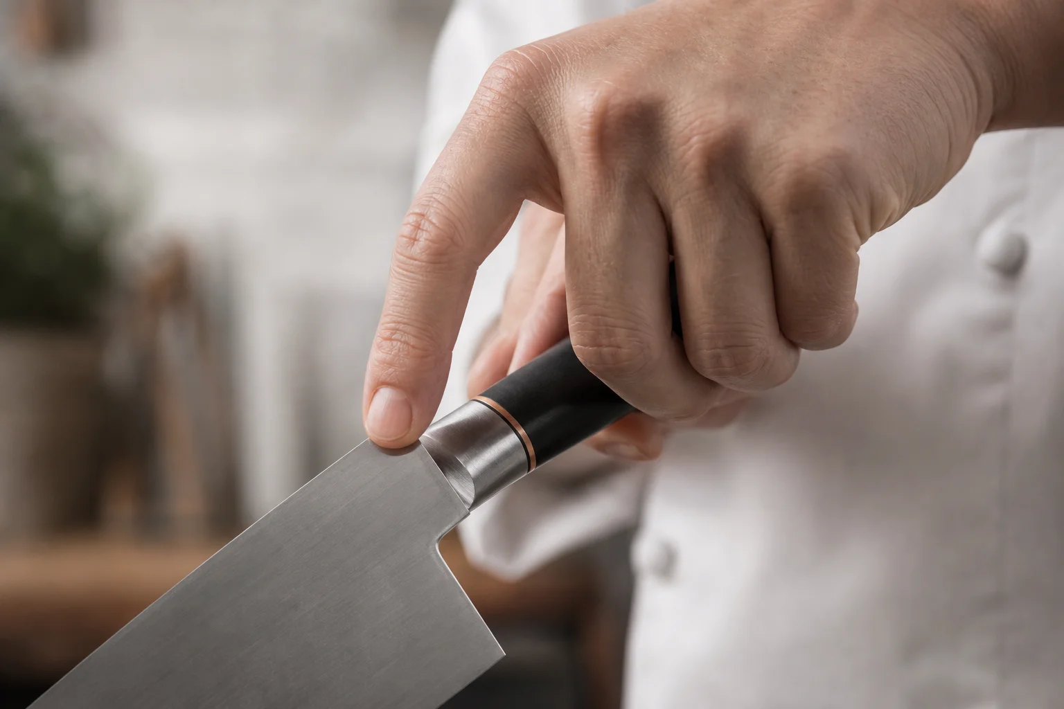 Gros plan sur la main d'un chef utilisant une prise en pince sur le manche d'un couteau