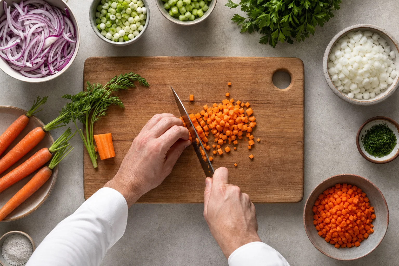 Chef coupant des légumes en dés sur une planche à découper, vue de dessus