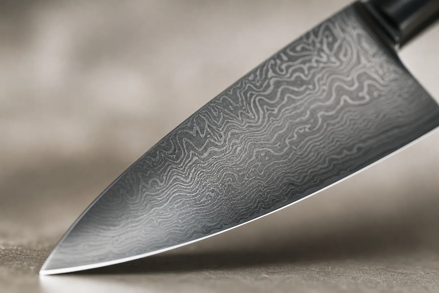 Gros plan détaillé de la lame d'un couteau de chef montrant le motif Damas et le tranchant