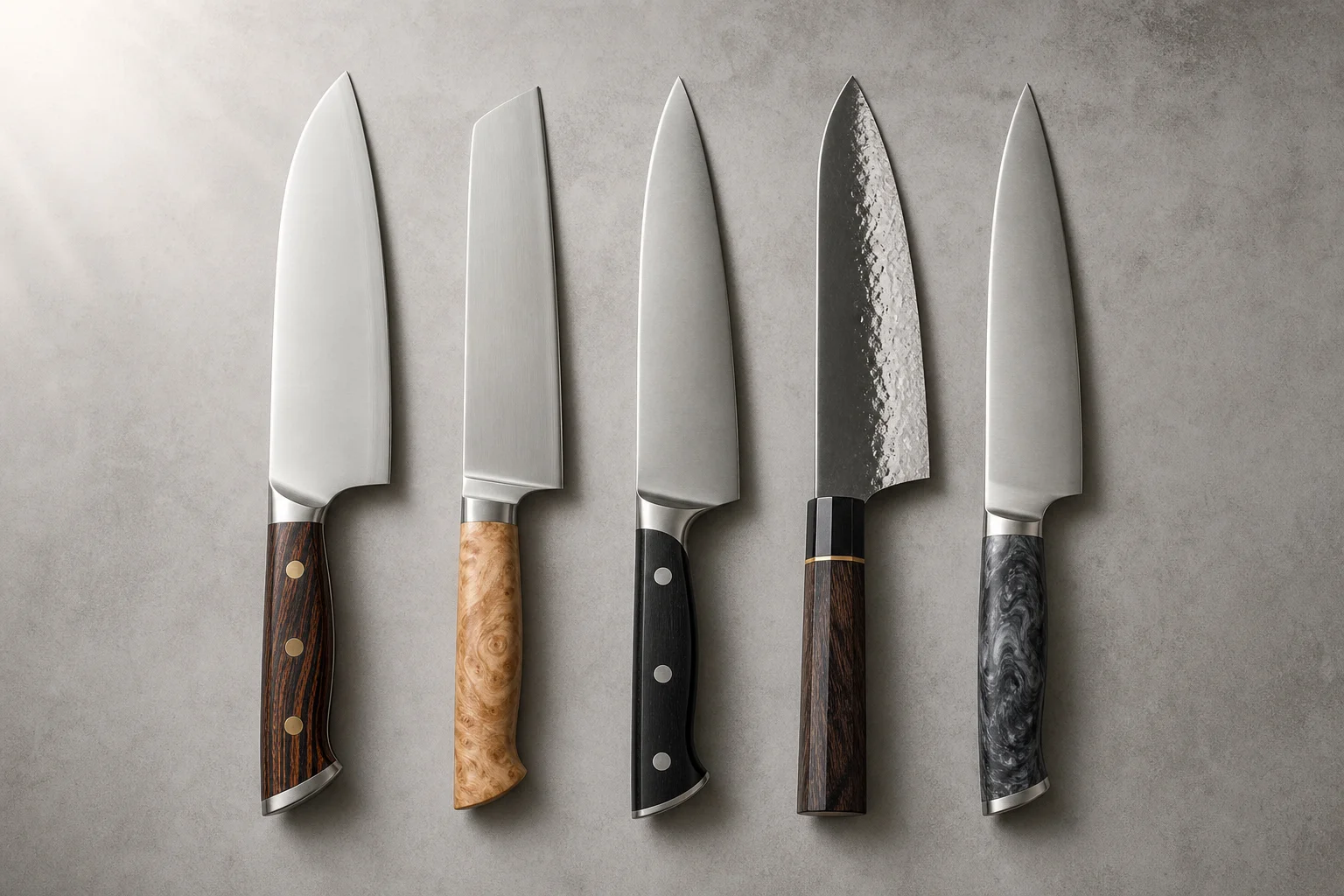Collection de cinq couteaux de chef côte à côte montrant la variété des manches et des lames