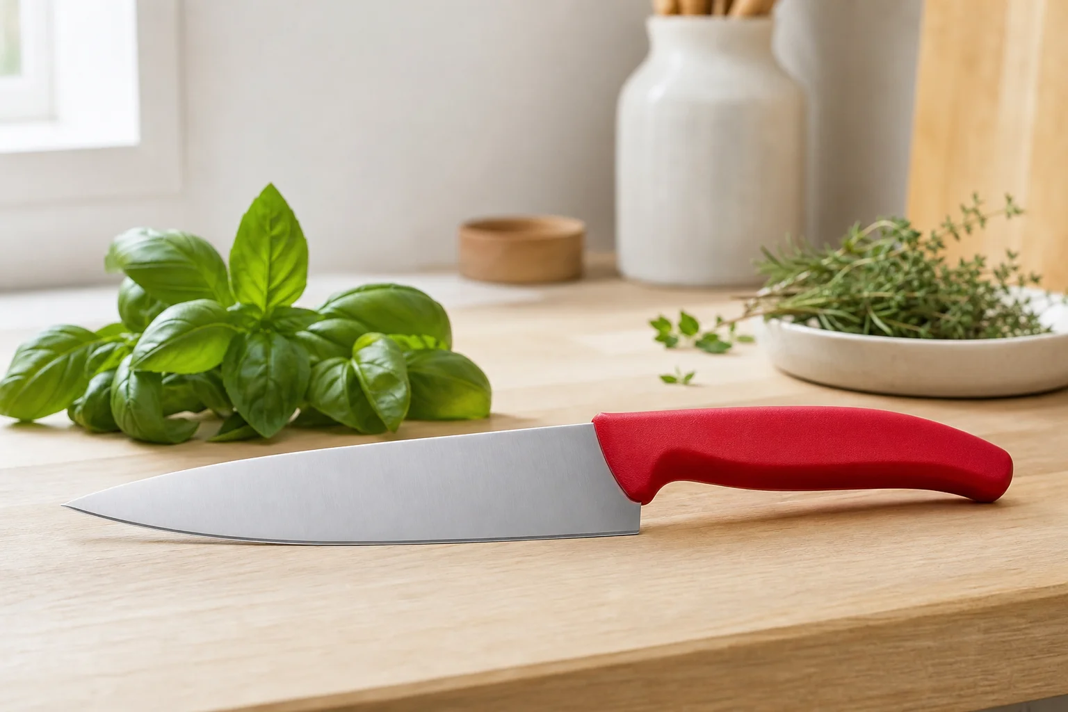 Victorinox Swiss Classic 刀具放在廚房檯面上，旁邊擺放著新鮮香草
