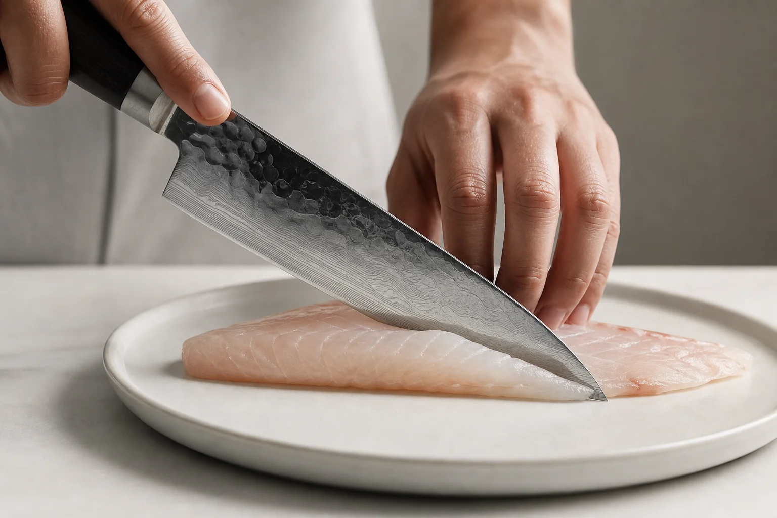 Shun Classic Western 刀具精準地切開細緻的魚片