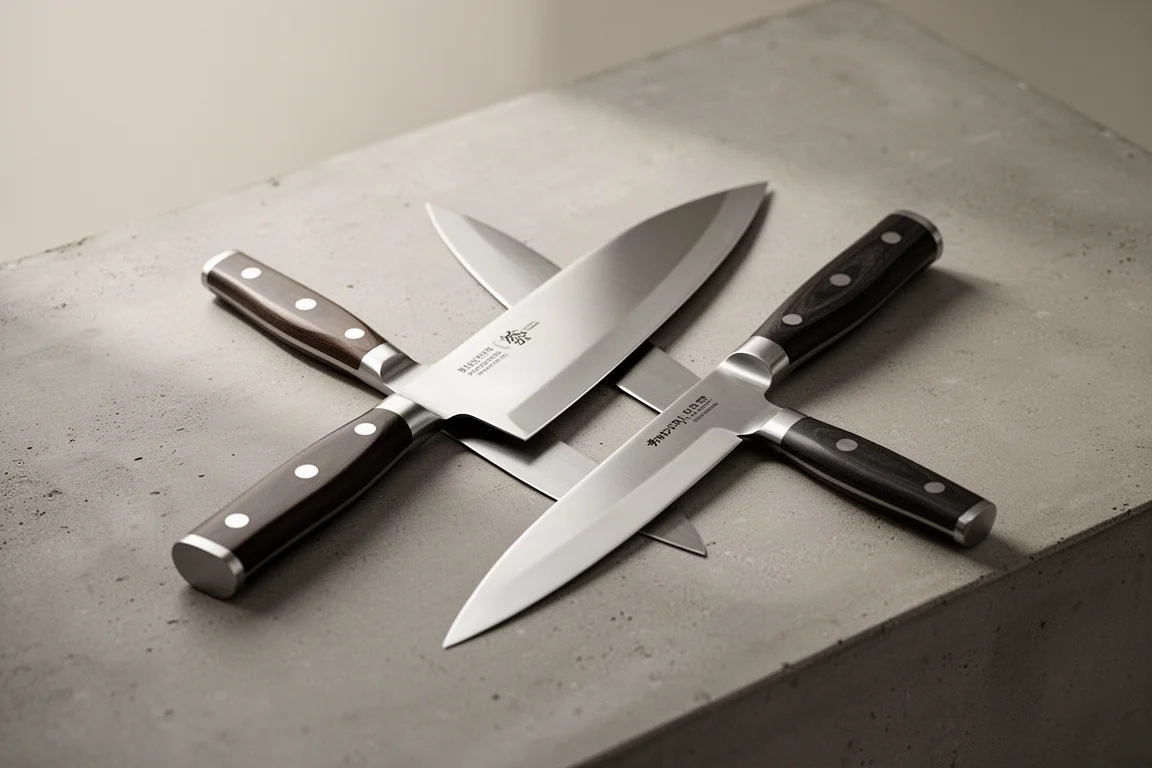 Two chef knives lying side by side on a concrete kitchen surface