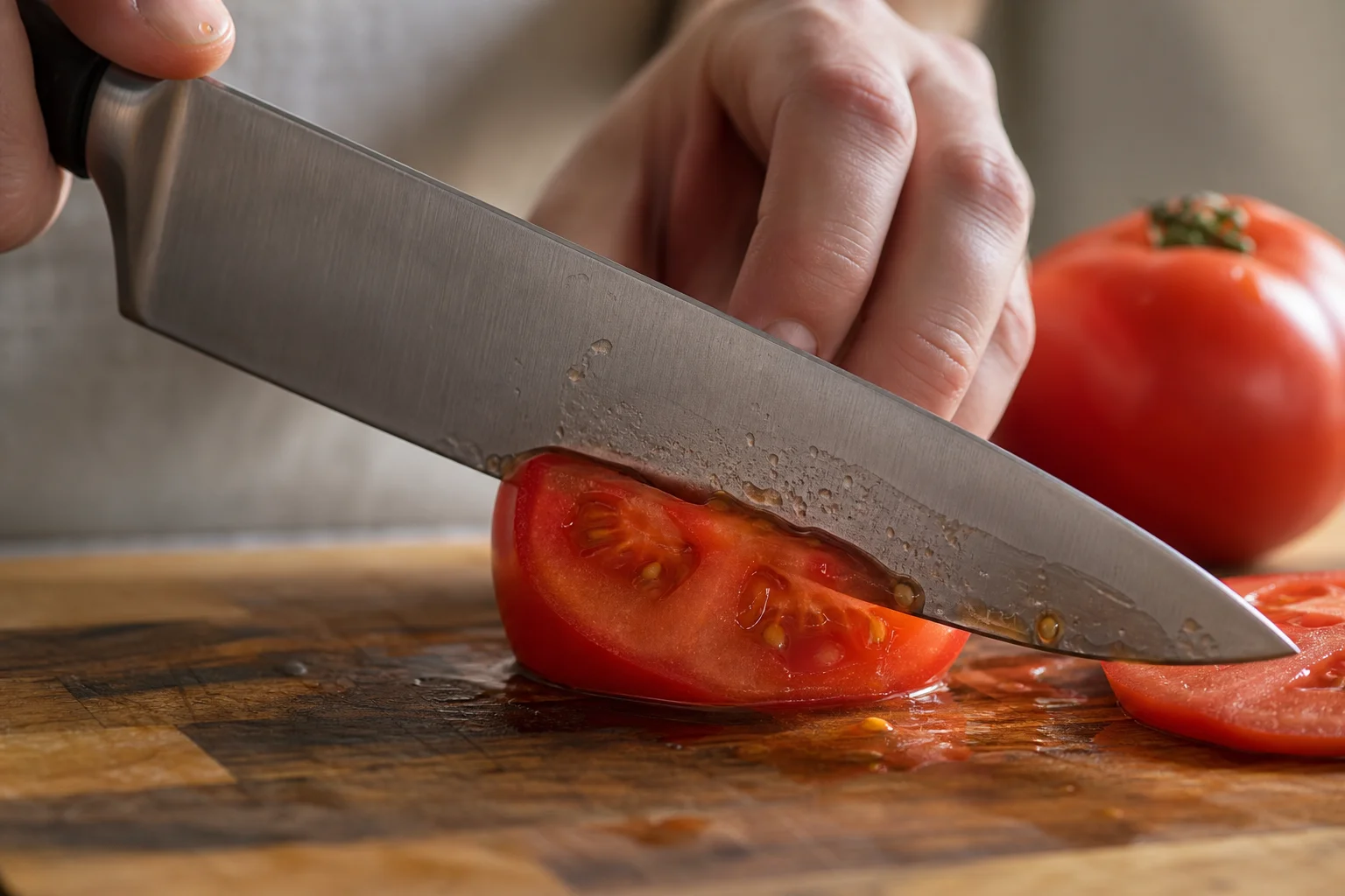 Couteau de chef tranchant une tomate mûre sur une planche à découper
