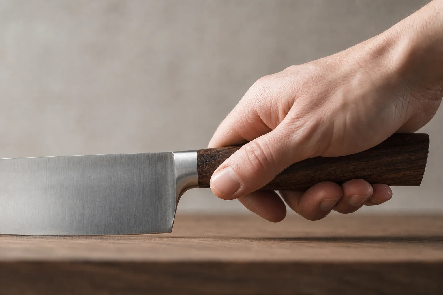 Profil latéral du manche d'un couteau de chef montrant la prise en main et la hauteur du talon de la lame