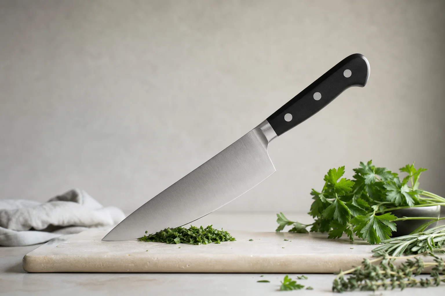 Couteau de chef positionné sur une planche à découper, prêt à hacher des herbes