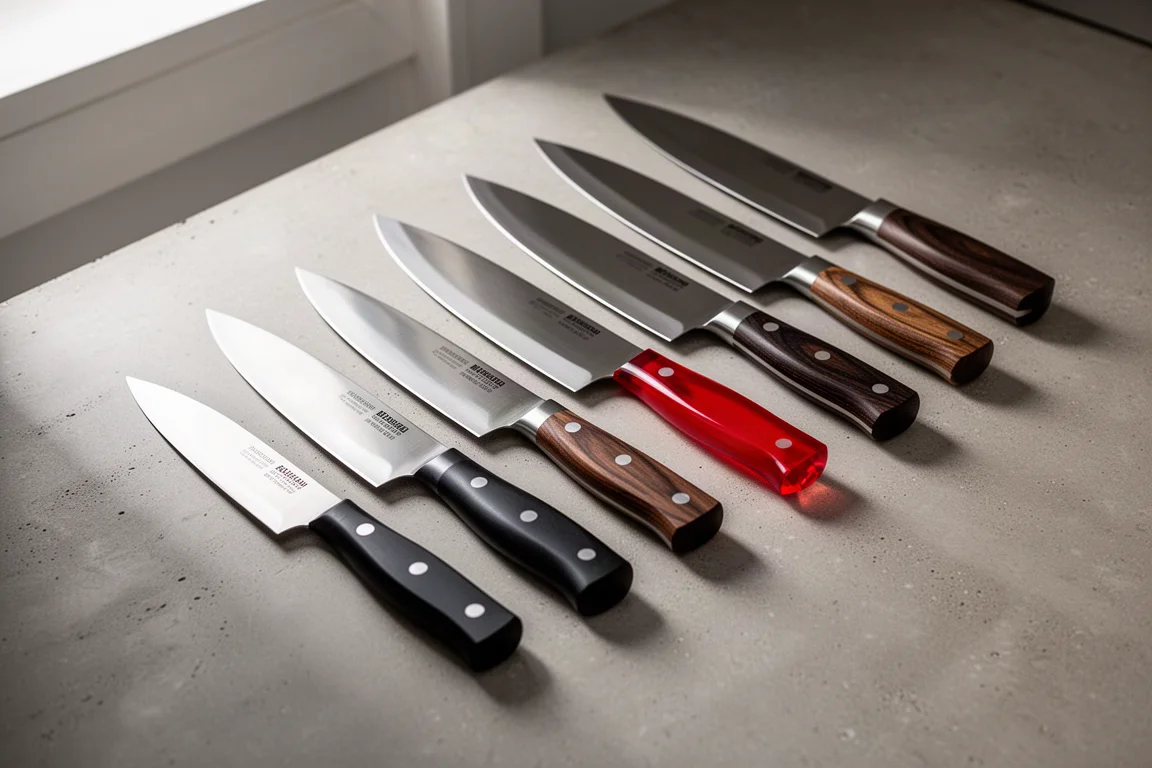 Row of chef's knives with varied handles on a concrete surface