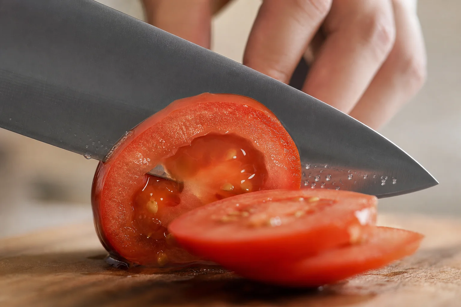 Kockknivsblad som enkelt skär genom en mogen tomat