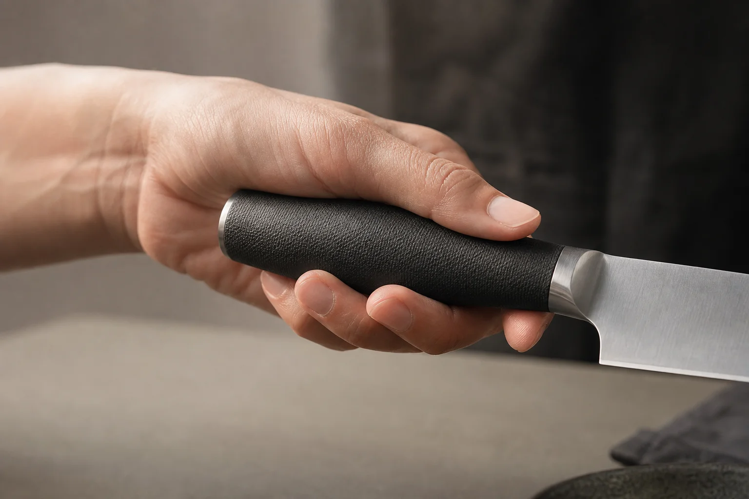Hand som håller i ett kockknivshandtag med synlig textur