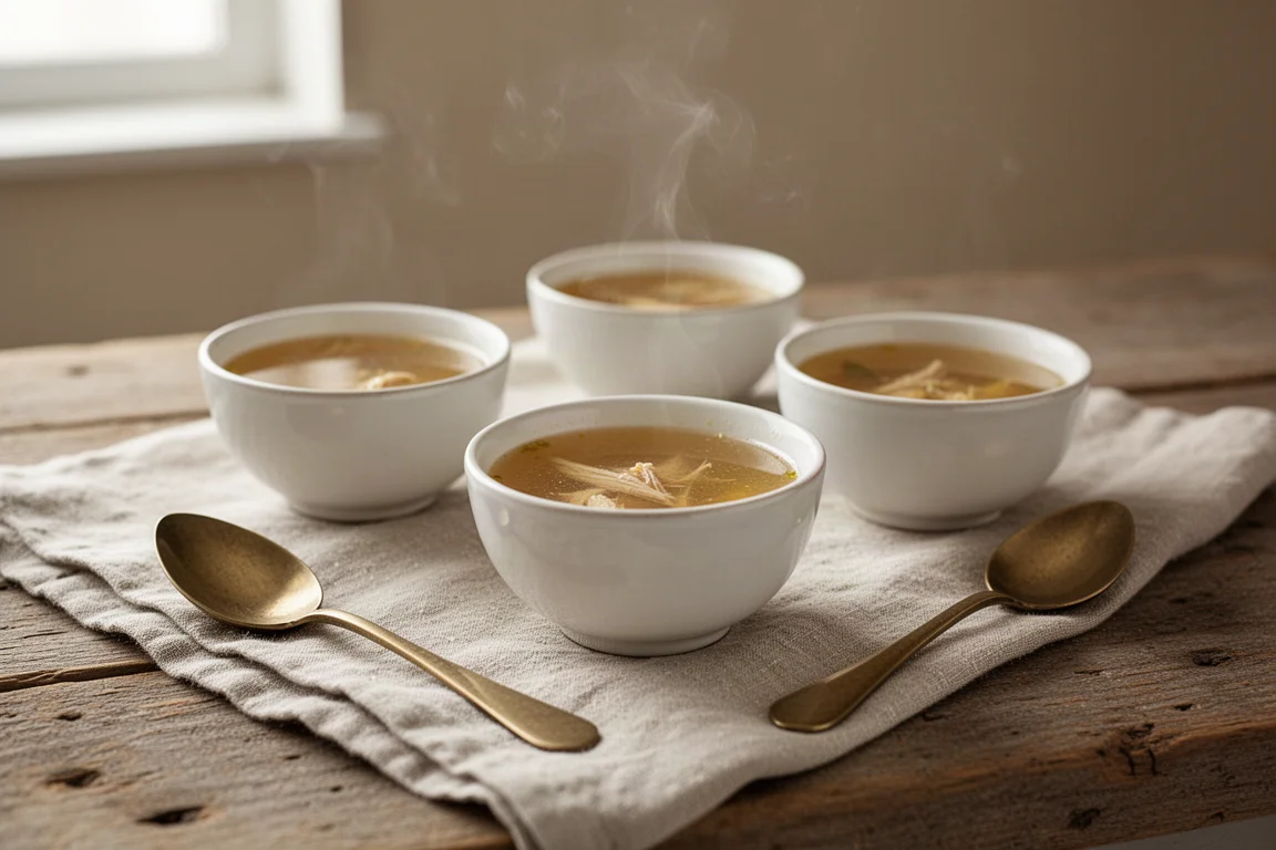 Bowls of warm golden chicken broth on a rustic kitchen counter