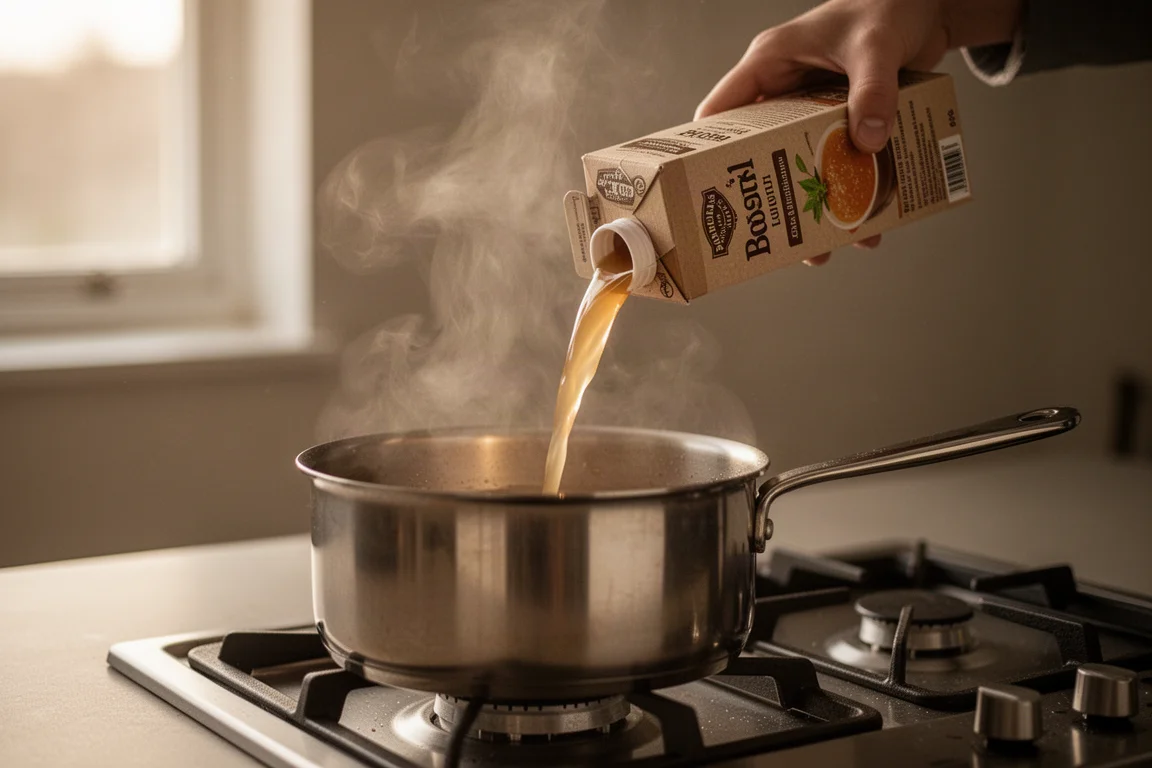 Carton of chicken broth being poured into a pot on a stove