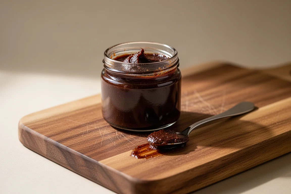 Small jar of concentrated bouillon paste with a spoon on a wooden board