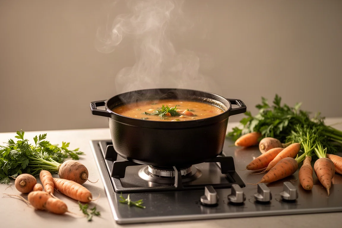Pot of soup simmering with chicken broth on a home stovetop