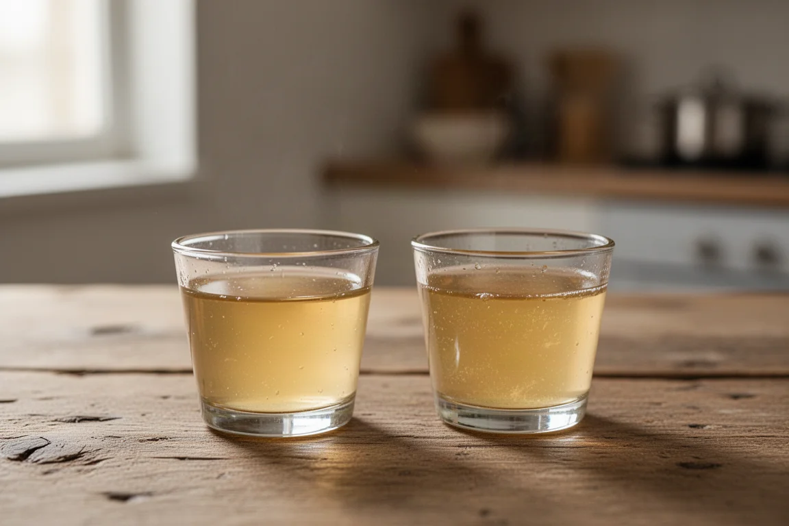 Two glasses of chicken broth side by side on a wooden table in soft light
