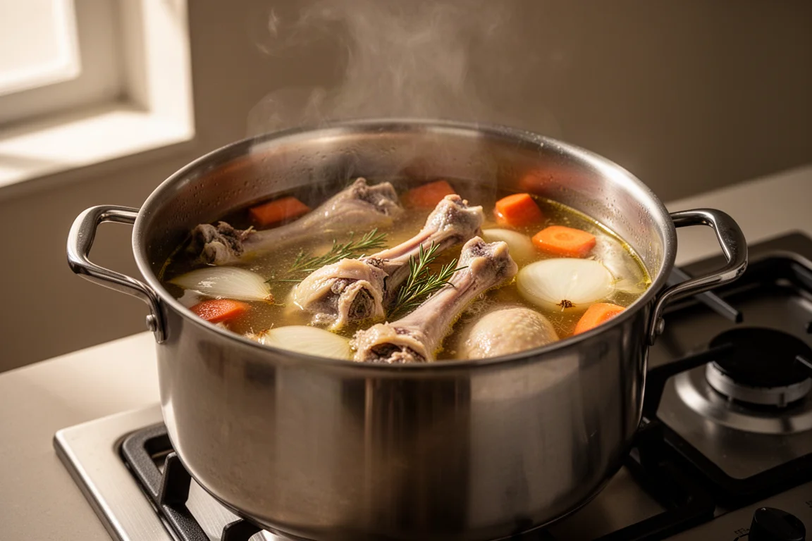 Chicken bones and vegetables simmering in a large stockpot
