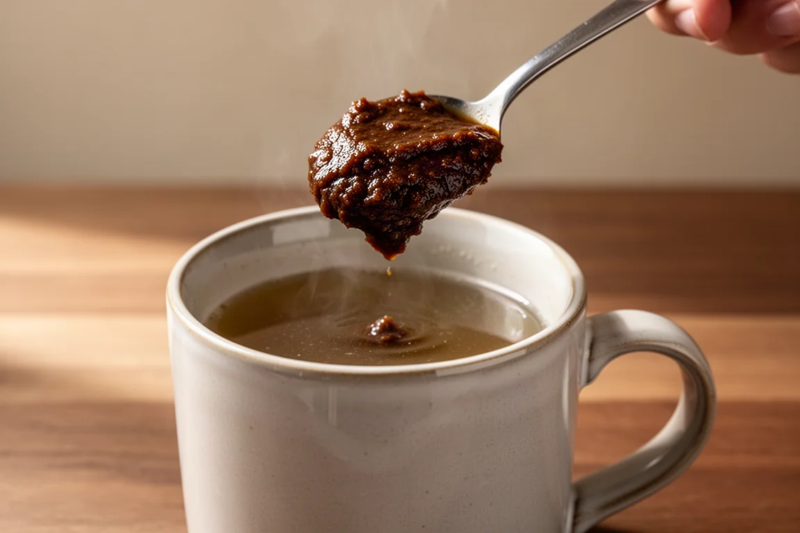 A spoonful of dark broth paste being lifted toward a mug of hot water