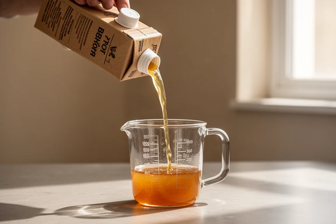 A carton of broth pouring smoothly into a glass measuring cup in a kitchen