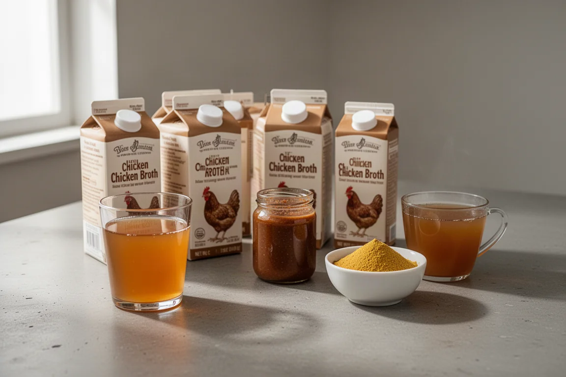 Lineup of broth cartons, a paste concentrate jar, and bouillon powder on a kitchen counter