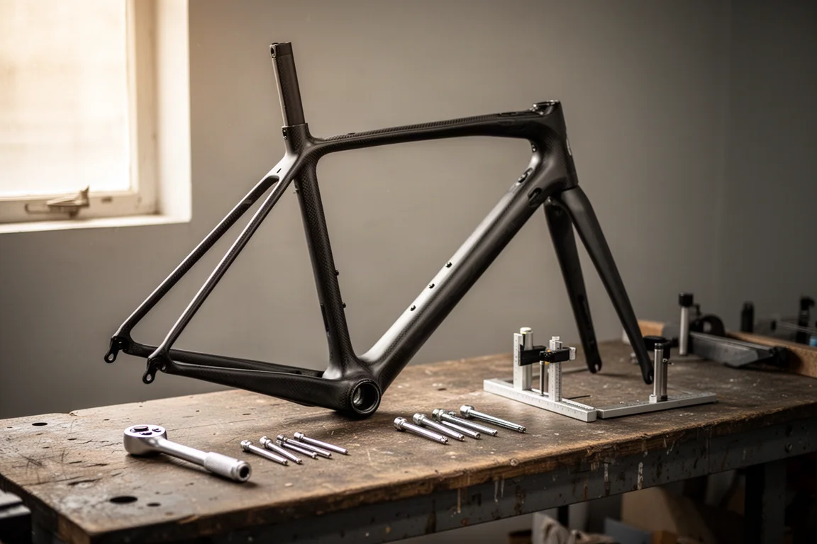 Carbon road frameset laid out on a workshop bench beside hand tools