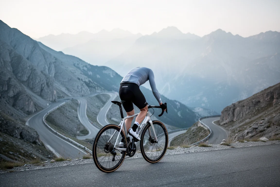 Road cyclist climbing a steep mountain pass in early morning light