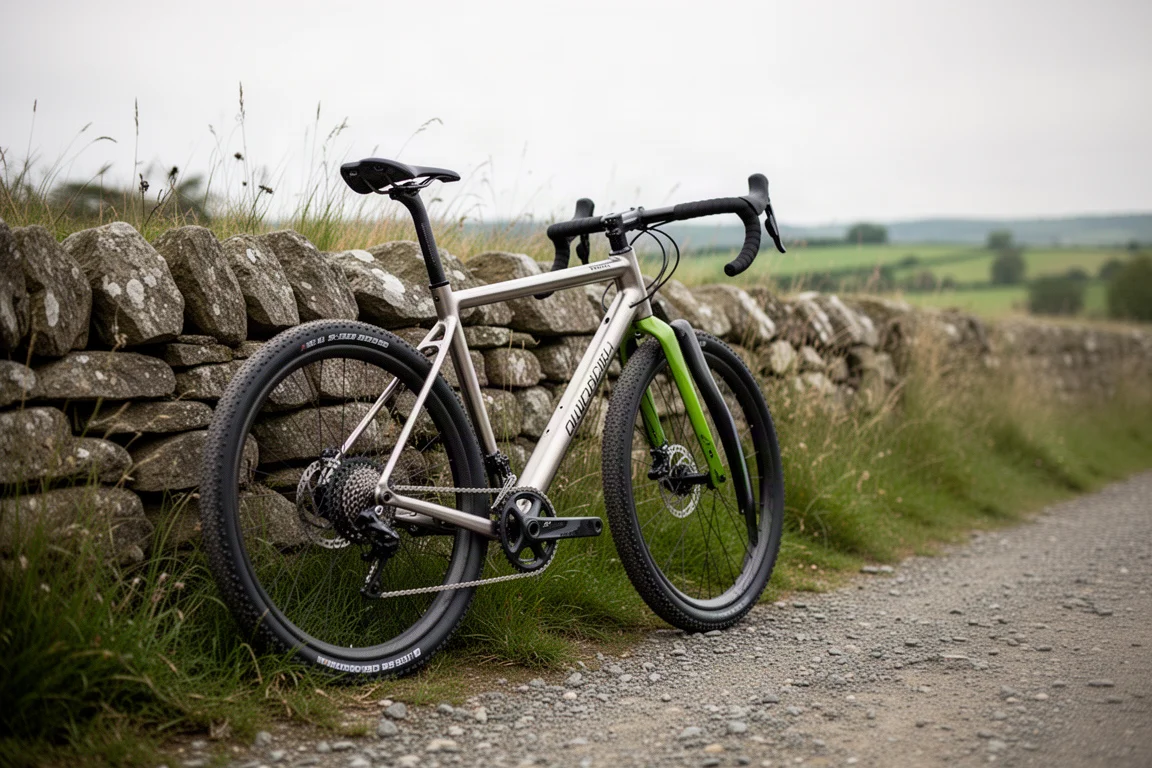 Titanium all-road bike leaning against a stone wall on a gravel track