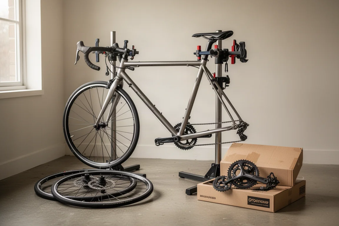 Home workshop bench with a partially built bike frame on a repair stand