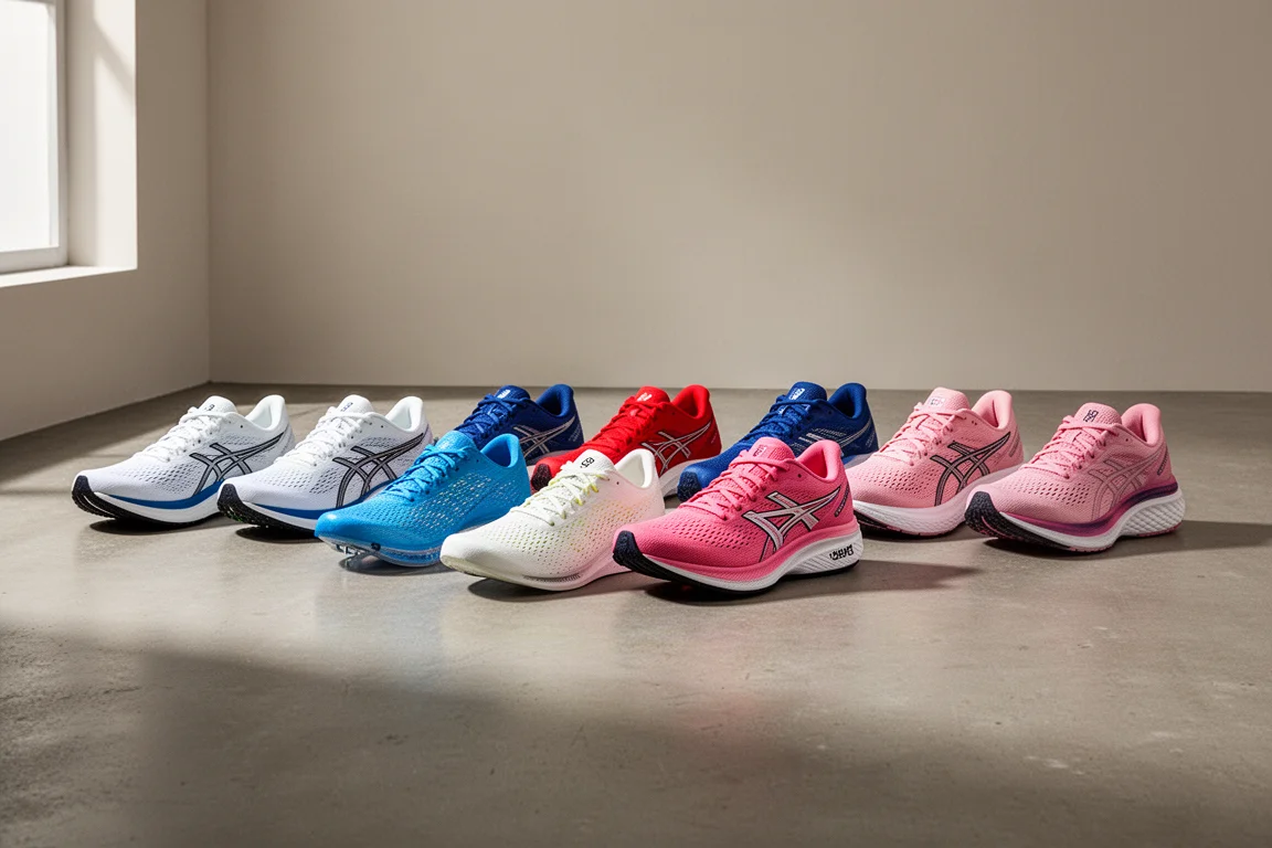 Row of eleven varied running shoes on a concrete studio floor
