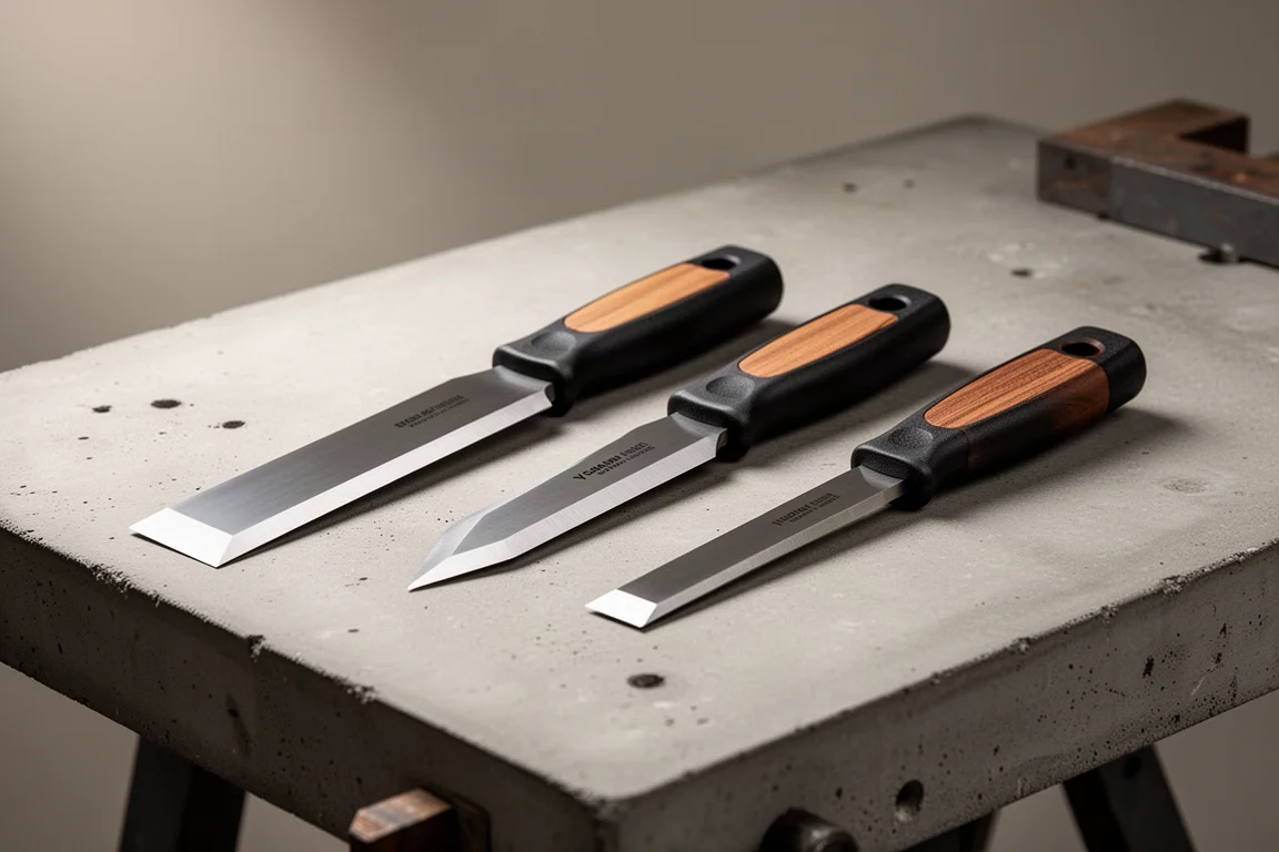 Three chisel knives with plastic handles side by side on a workbench