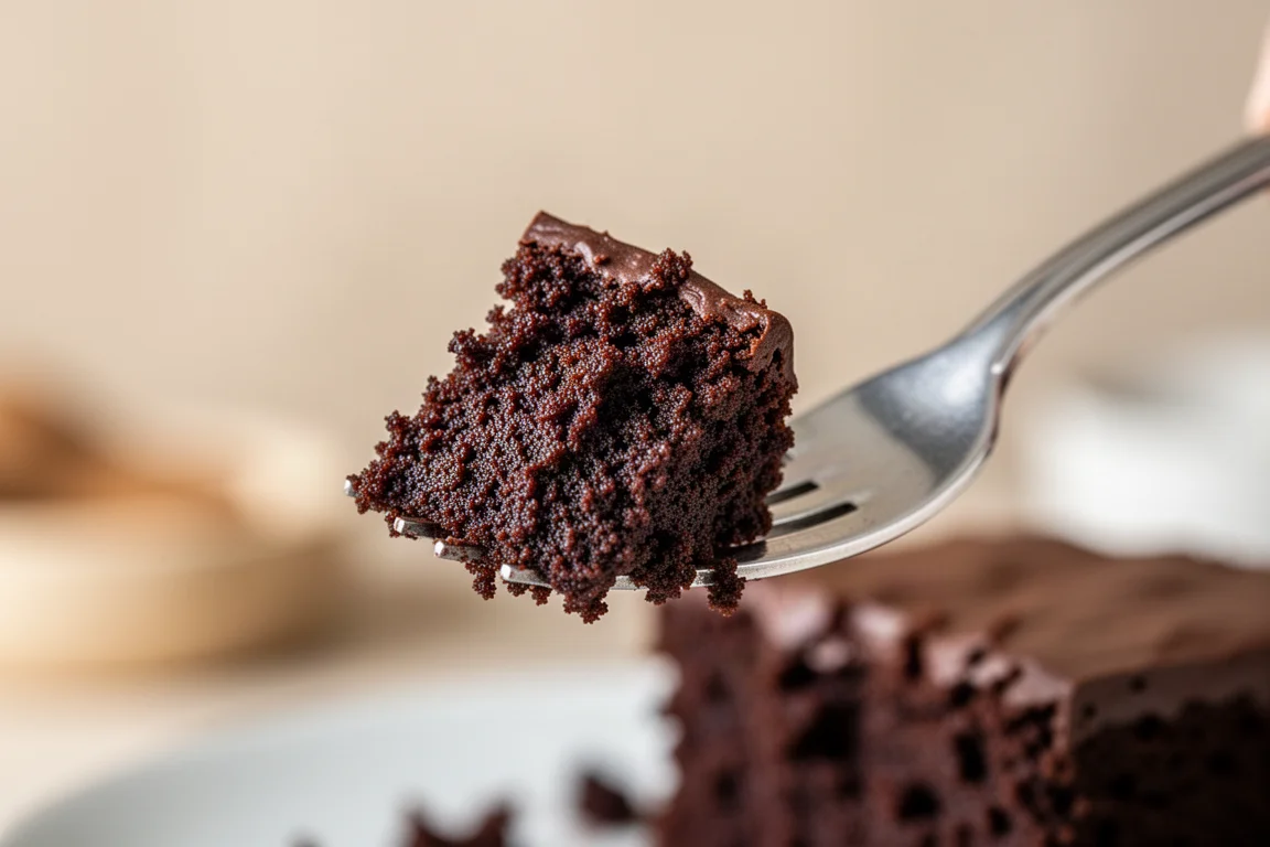 Nahaufnahme einer saftigen Krume eines dunklen Schokoladenkuchens auf einer Gabel
