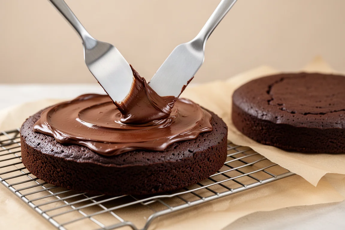 Glasur wird auf eine selbstgemachte Schokoladenkuchen-Schicht gestrichen