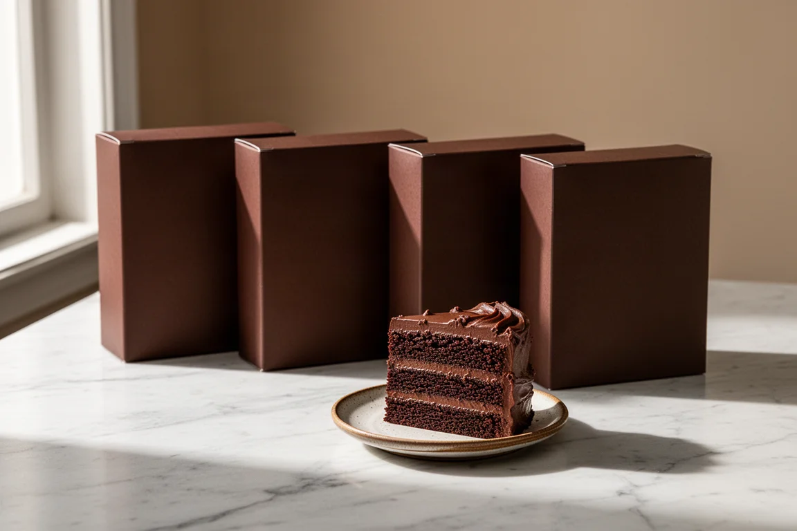 Quattro confezioni di preparazione per torta al cioccolato con una fetta di torta glassata su una superficie di marmo
