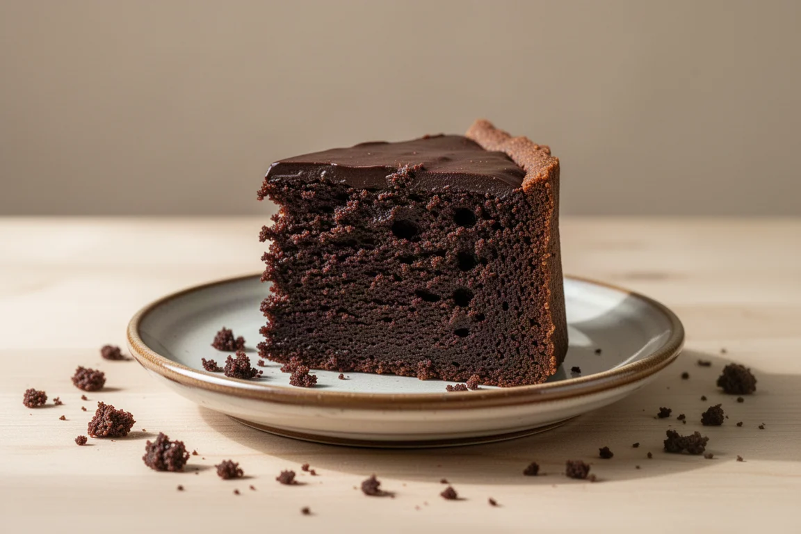 しっとりとしたクラムが見える、濃厚なチョコレートケーキの一切れ