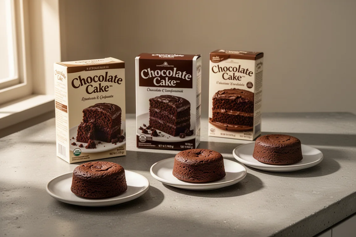 Three chocolate cake mix boxes beside three baked chocolate cakes on a kitchen counter