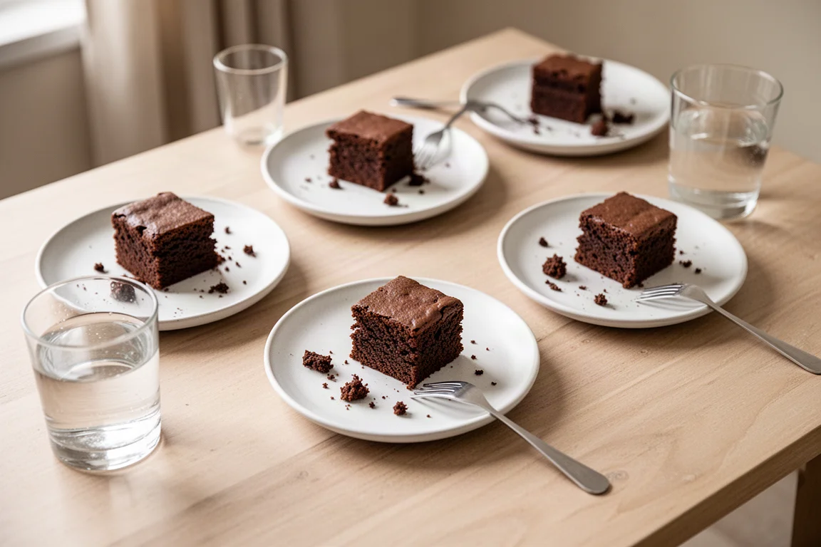 テーブルの上に並べられた複数のチョコレートケーキを並べて味見している様子