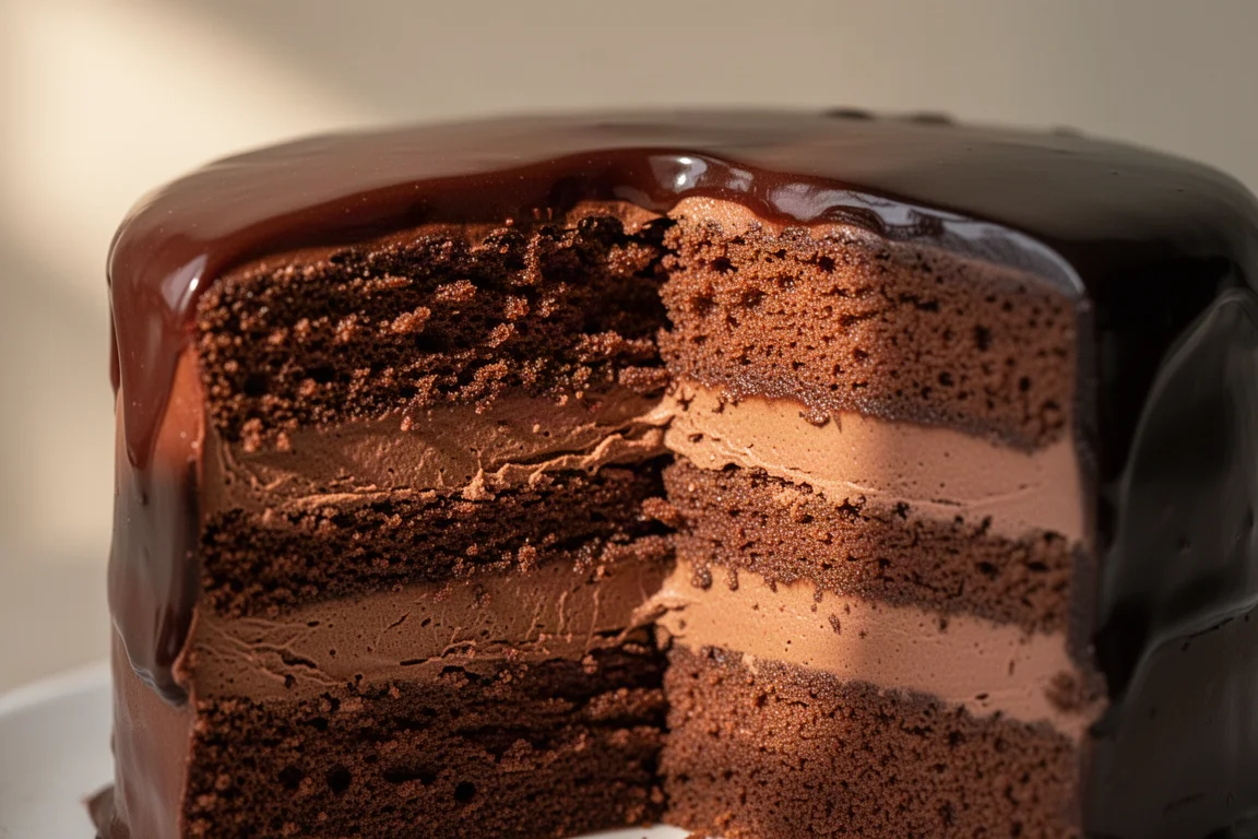 層になったチョコレートケーキのクローズアップ。クリームとグレーズの質感が見える