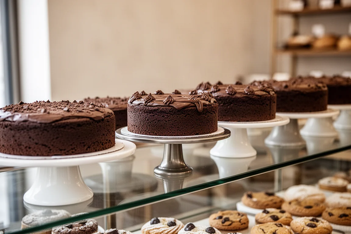 柔らかな光の下、ベーカリーのショーケースに並ぶチョコレートケーキ