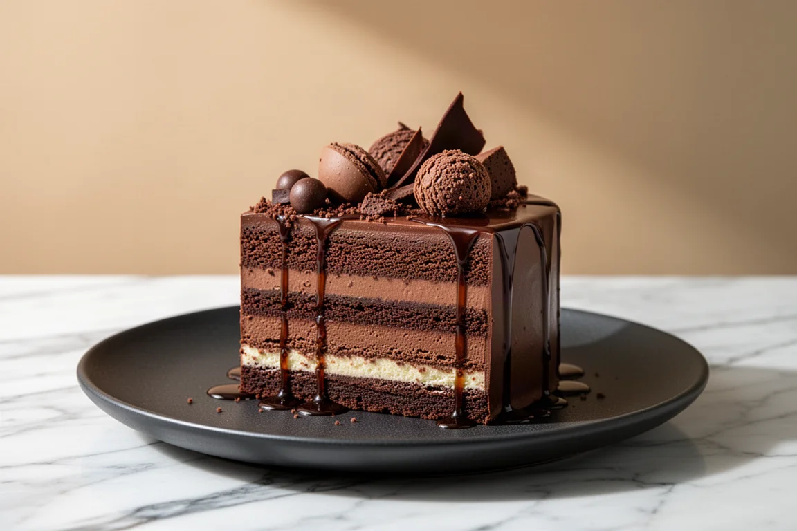 大理石の上に盛り付けられた、層の質感が美しい上品なフレンチスタイルのチョコレートケーキ
