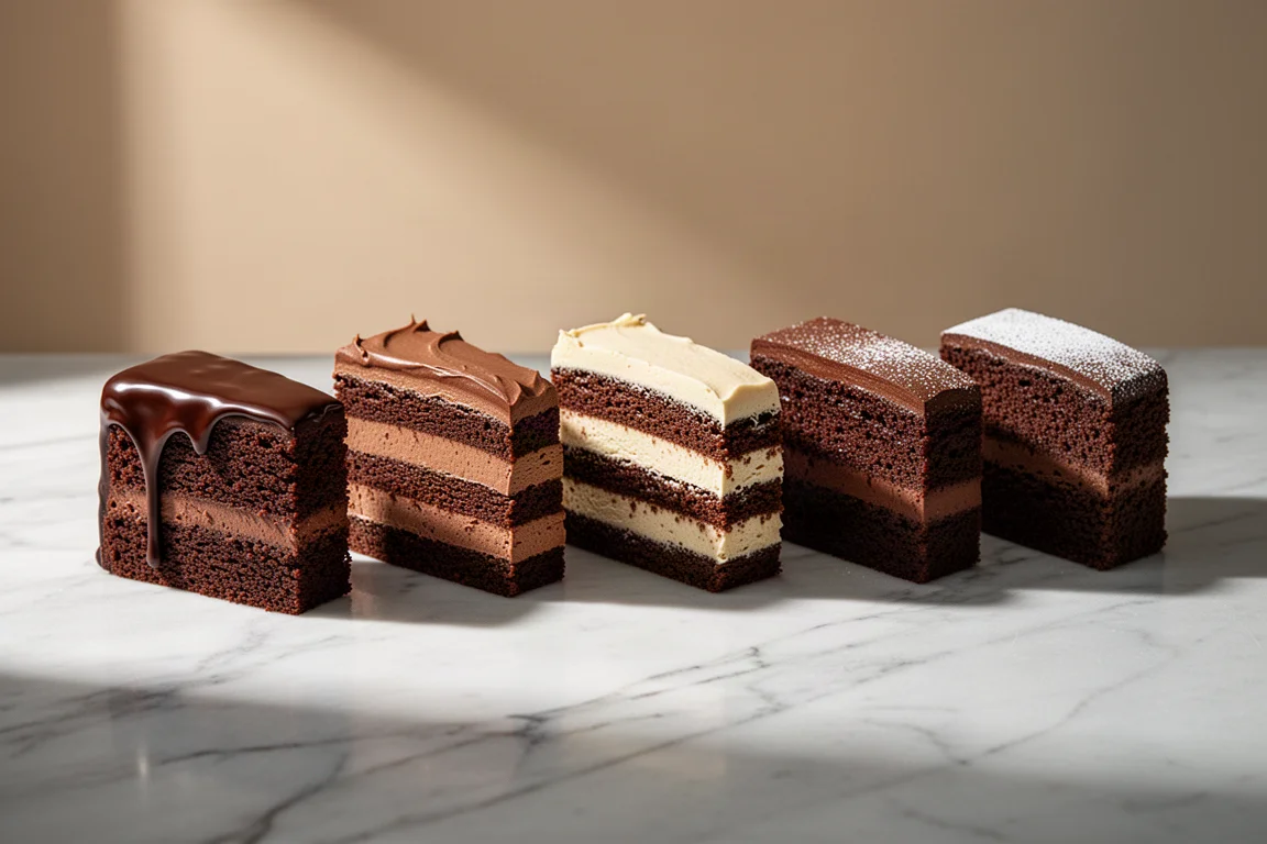 Five slices of chocolate cake arranged in a row on a marble surface